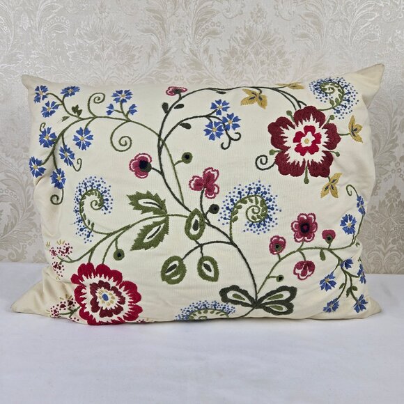 IKEA Duck Feather Pillow Removable Embroidered Floral Cover Buttons Colorful - Picture 1 of 13